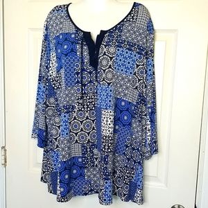 Susan Graver Quarter Length Sleeve  Blue Print Shirt 3X